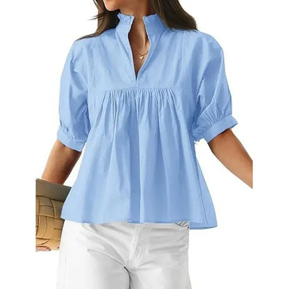 🌸 Women’s Ruffle Neck Puff Sleeve Blouse – Casual V-Neck Babydoll Top ✨