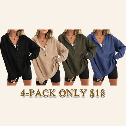 Women's Oversized Button V-Neck Hoodie Sweatshirt