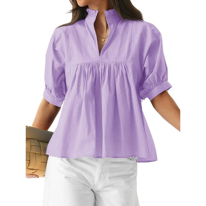 🌸 Women’s Ruffle Neck Puff Sleeve Blouse – Casual V-Neck Babydoll Top ✨