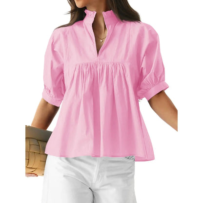🌸 Women’s Ruffle Neck Puff Sleeve Blouse – Casual V-Neck Babydoll Top ✨