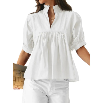 🌸 Women’s Ruffle Neck Puff Sleeve Blouse – Casual V-Neck Babydoll Top ✨