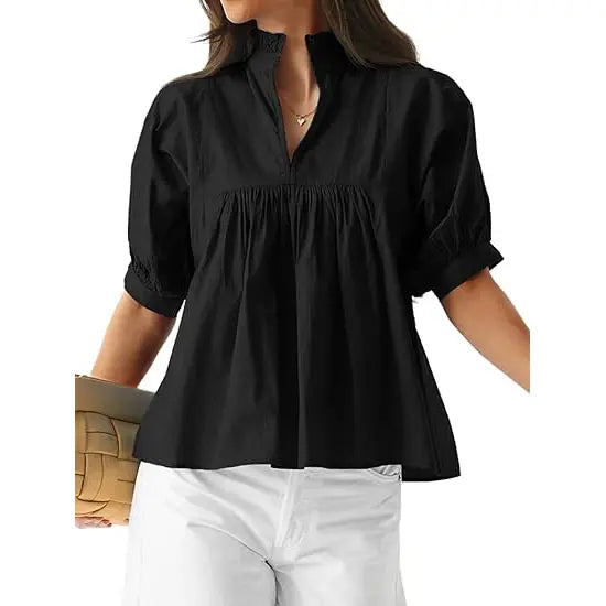 🌸 Women’s Ruffle Neck Puff Sleeve Blouse – Casual V-Neck Babydoll Top ✨
