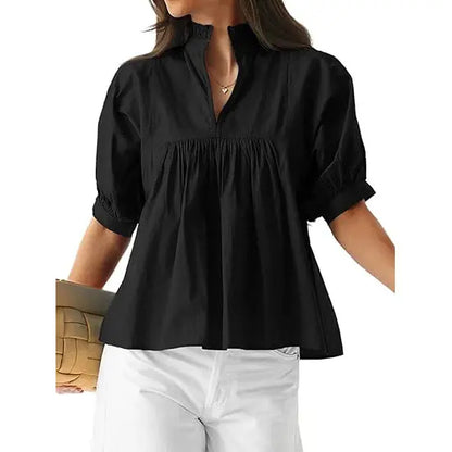 🌸 Women’s Ruffle Neck Puff Sleeve Blouse – Casual V-Neck Babydoll Top ✨