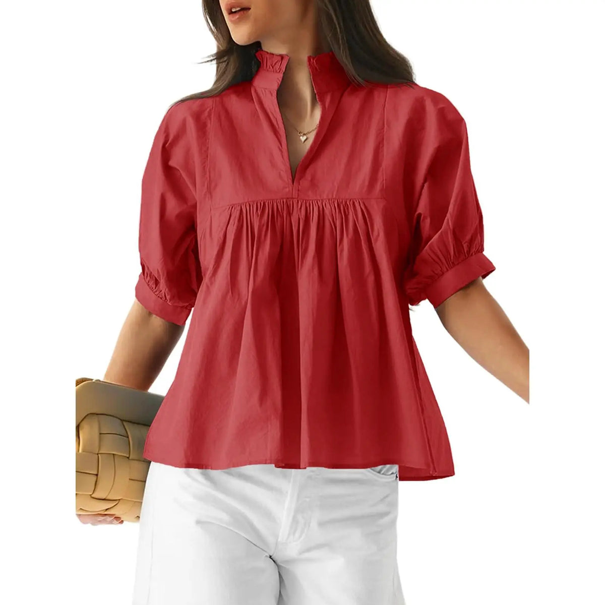 🌸 Women’s Ruffle Neck Puff Sleeve Blouse – Casual V-Neck Babydoll Top ✨