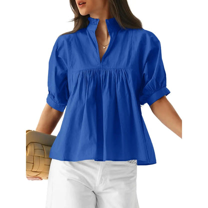 🌸 Women’s Ruffle Neck Puff Sleeve Blouse – Casual V-Neck Babydoll Top ✨