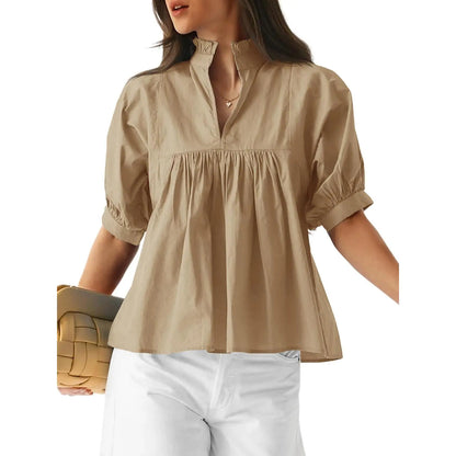 🌸 Women’s Ruffle Neck Puff Sleeve Blouse – Casual V-Neck Babydoll Top ✨