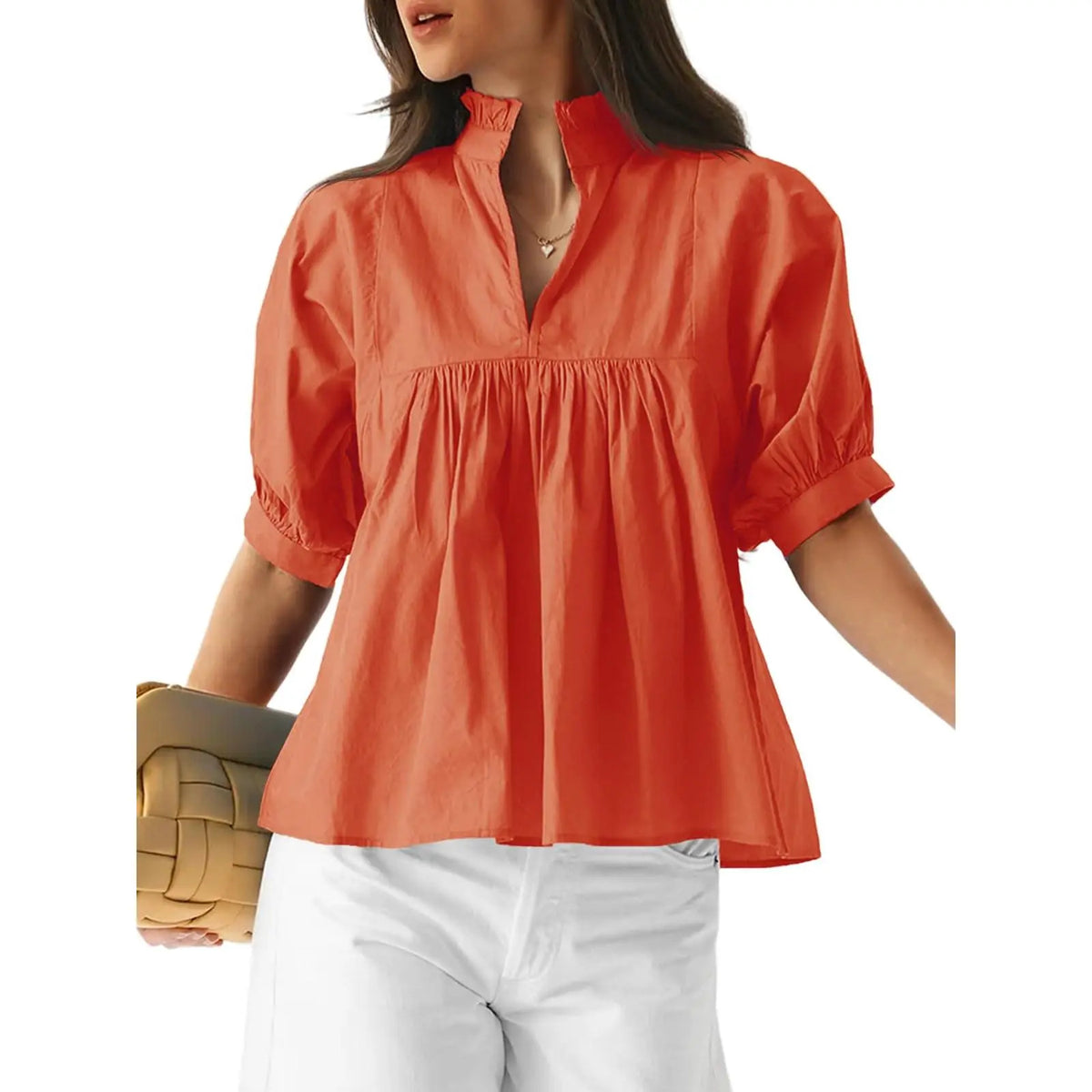 🌸 Women’s Ruffle Neck Puff Sleeve Blouse – Casual V-Neck Babydoll Top ✨