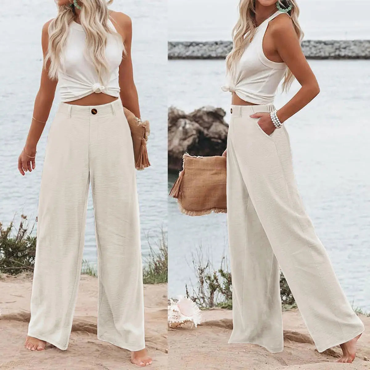Women’s Casual High Waist Linen Wide Leg Trousers