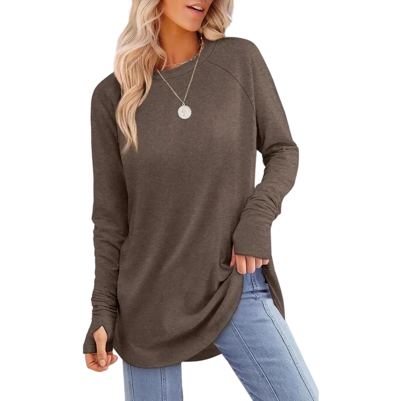 Womens Long Sleeve Round Neck Tunic Tops