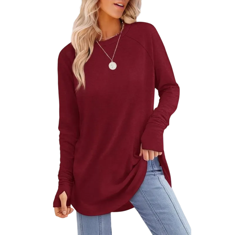 Womens Long Sleeve Round Neck Tunic Tops