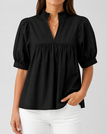 🌸 Women’s Ruffle Neck Puff Sleeve Blouse – Casual V-Neck Babydoll Top ✨