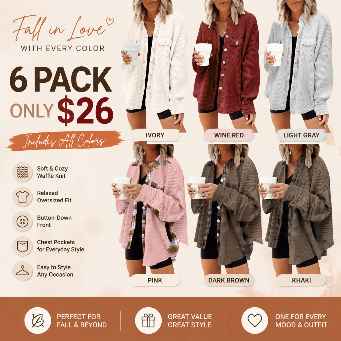 Women's Loose Fit Waffle Knit Shacket