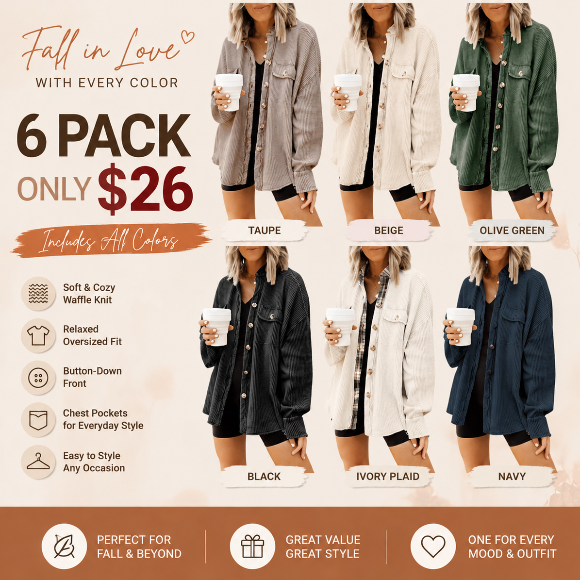 Women's Loose Fit Waffle Knit Shacket