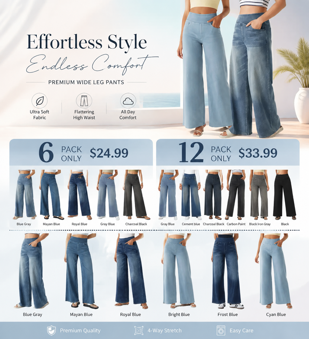💝Last Day Promotion⚡High Waisted Multiple Pockets Baggy Wide Leg Washed Stretchy Knit Casual Jeans