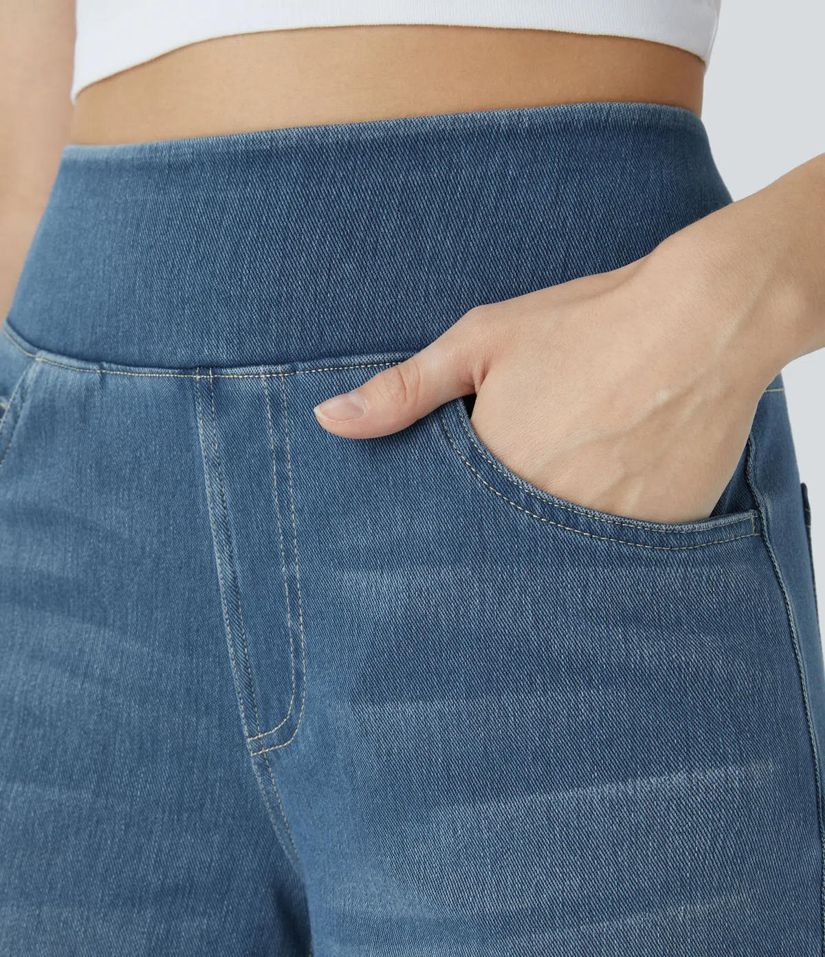 💝Last Day Promotion⚡High Waisted Multiple Pockets Baggy Wide Leg Washed Stretchy Knit Casual Jeans