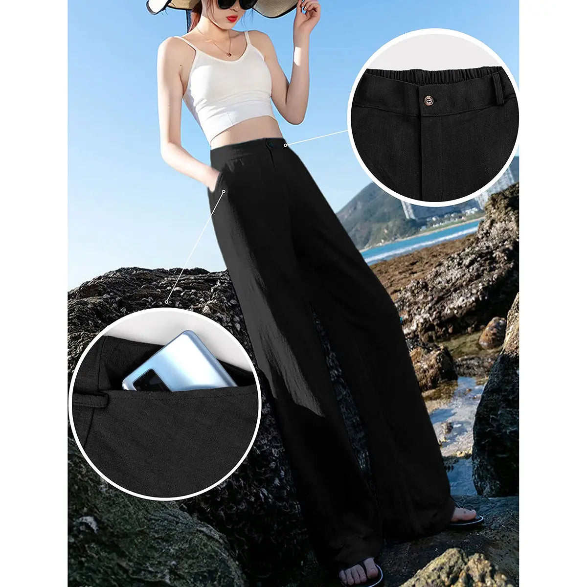 Women’s Casual High Waist Linen Wide Leg Trousers