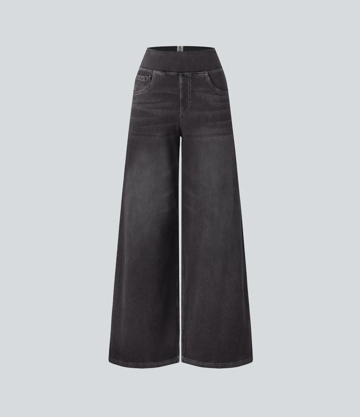 💝Last Day Promotion⚡High Waisted Multiple Pockets Baggy Wide Leg Washed Stretchy Knit Casual Jeans